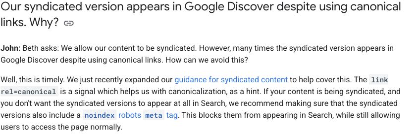 Google explains that canonical links are hints and discusses noindex for syndicated versions
