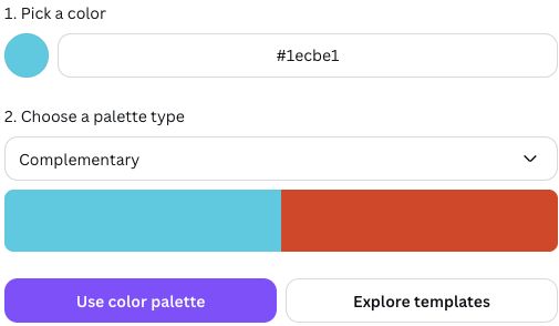 Canva color wheel controls with a color value, harmony selector, and palette swatches