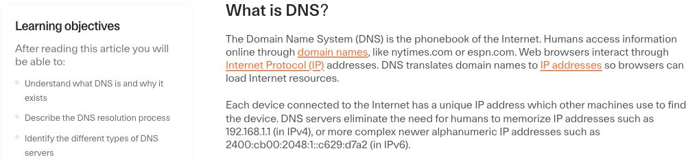 Cloudflare DNS explainer with learning objectives beside its opening explanation