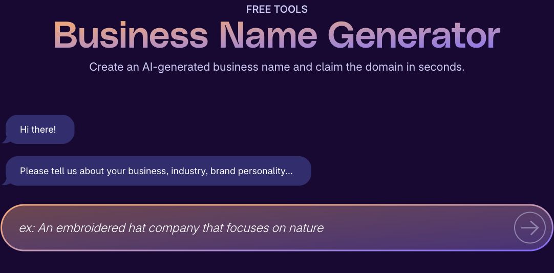 Shopify business name generator with a prompt asking users to describe their business