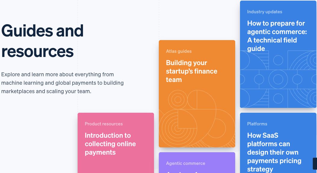 Stripe's resource page distinguishes product, Atlas, industry, and platform guides