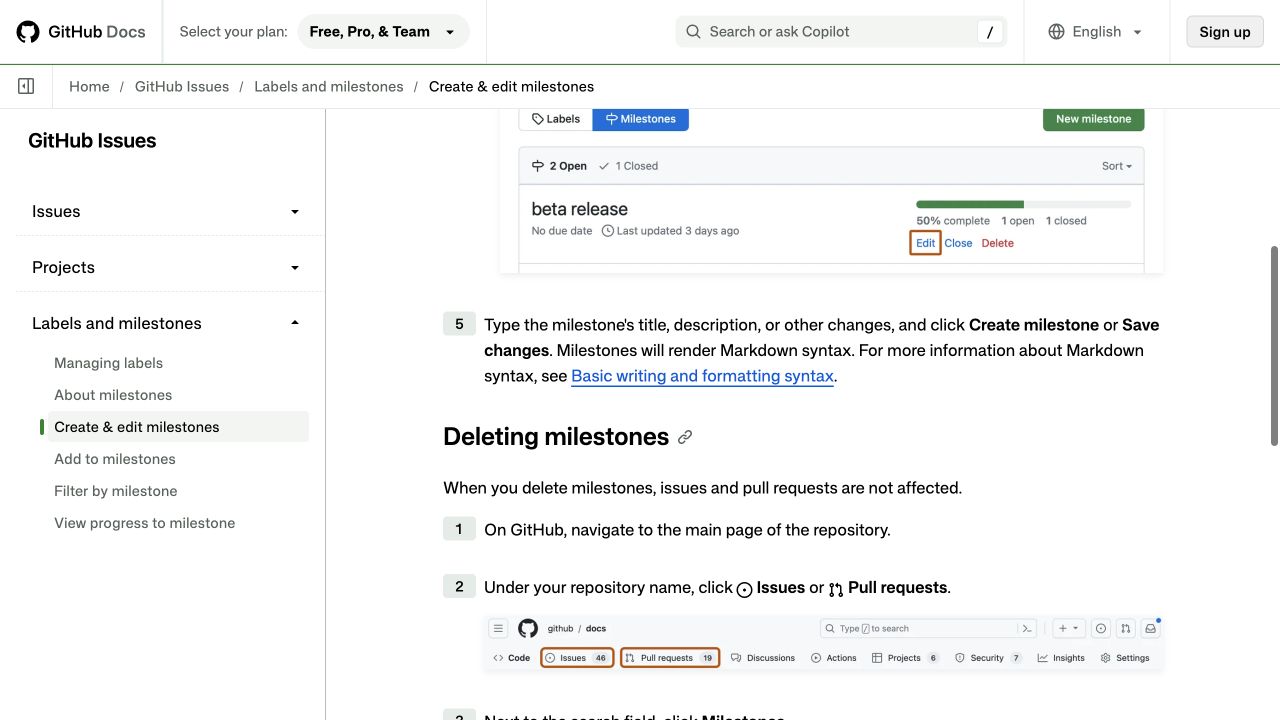 GitHub's milestone instructions link the Markdown description step to Basic writing and formatting syntax