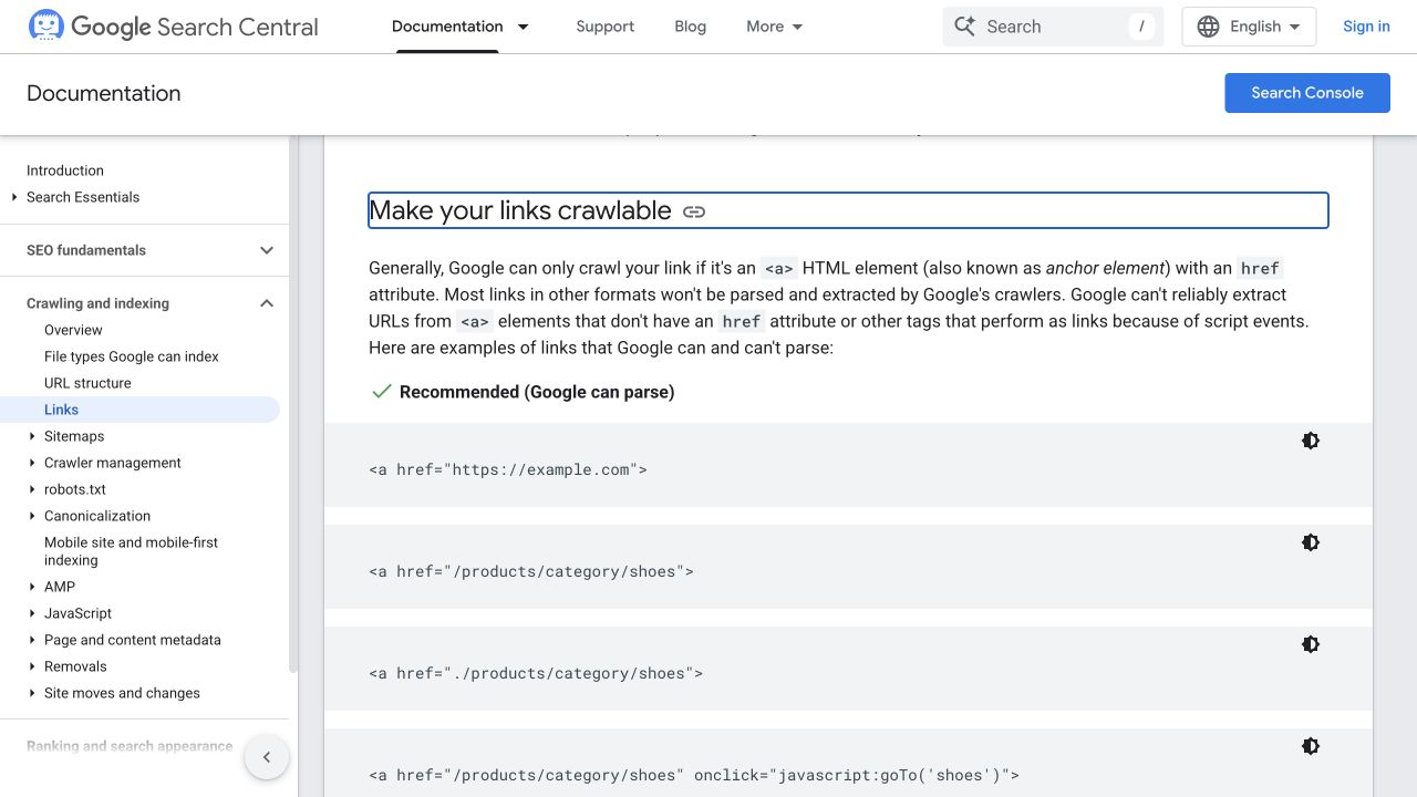 Google's link documentation shows crawlable HTML anchors with href attributes