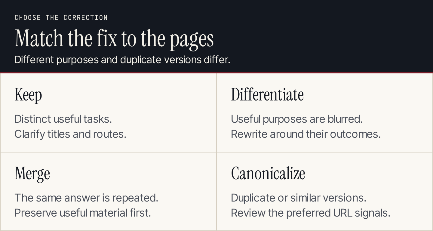 Four responses to page overlap: keep, differentiate, merge, and canonicalize