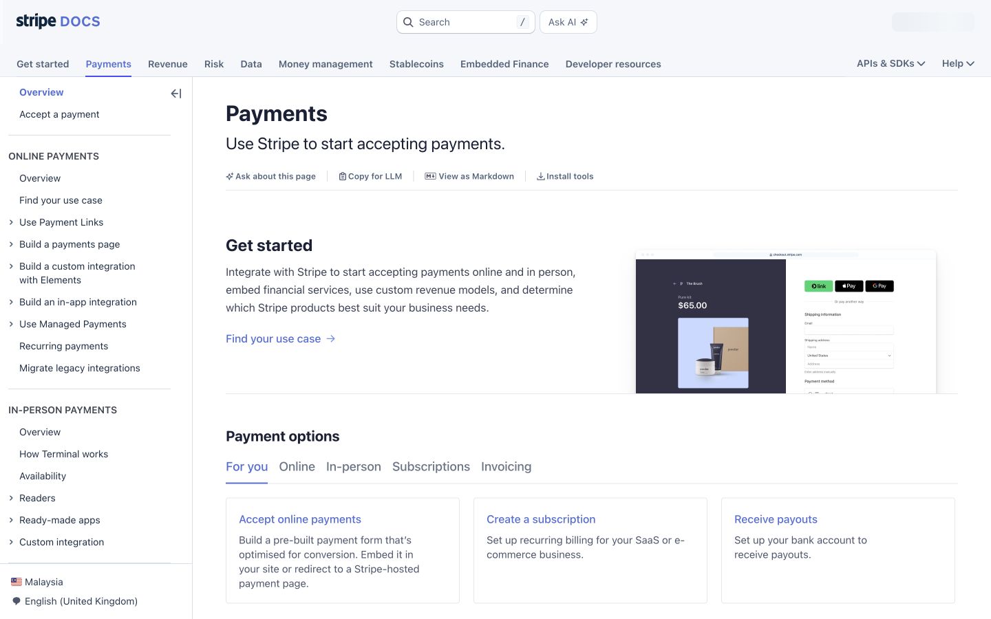 Stripe payments documentation showing an overview of payment approaches and links to implementation paths