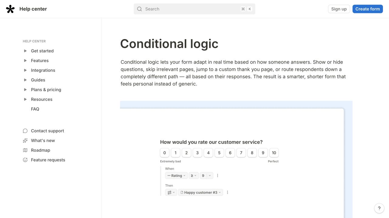 Tally's conditional logic guide explains adaptive questions and shows a customer-service rating form