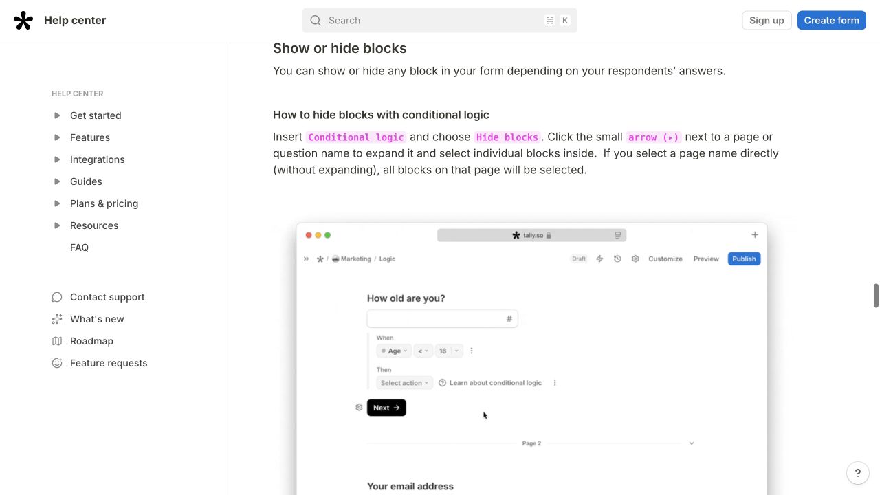 Tally's show-or-hide section explains block selection and illustrates a conditional question in the builder