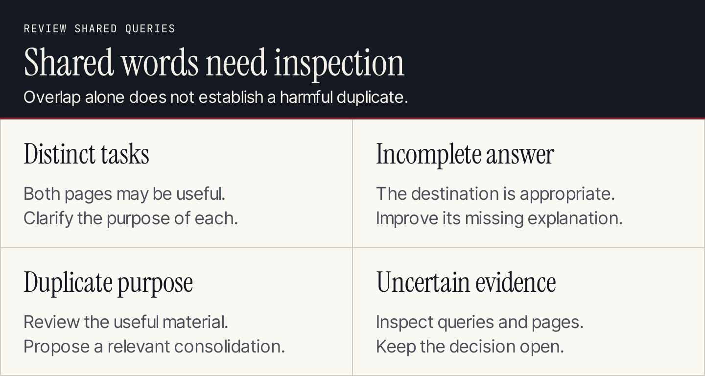 Overlap review distinguishes useful separate tasks, incomplete coverage, duplicate purposes and uncertain evidence