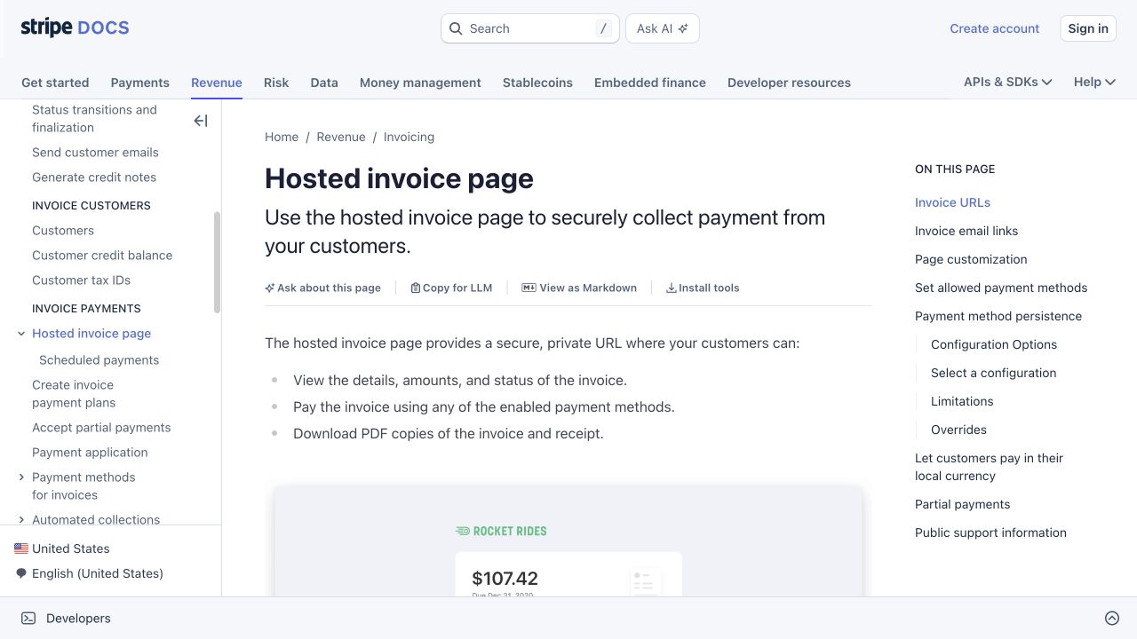 Stripe's hosted invoice page guide describes invoice details, payment options and downloadable PDFs