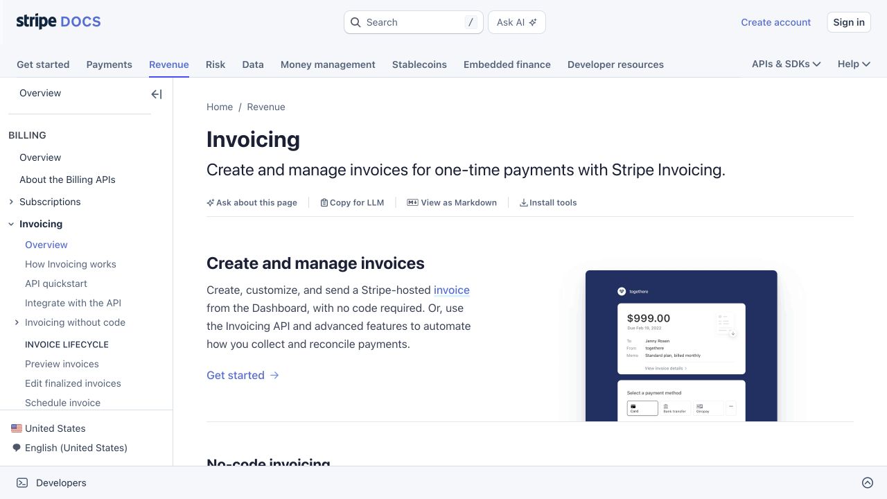 Stripe's invoicing overview presents invoice creation and links to no-code and API approaches