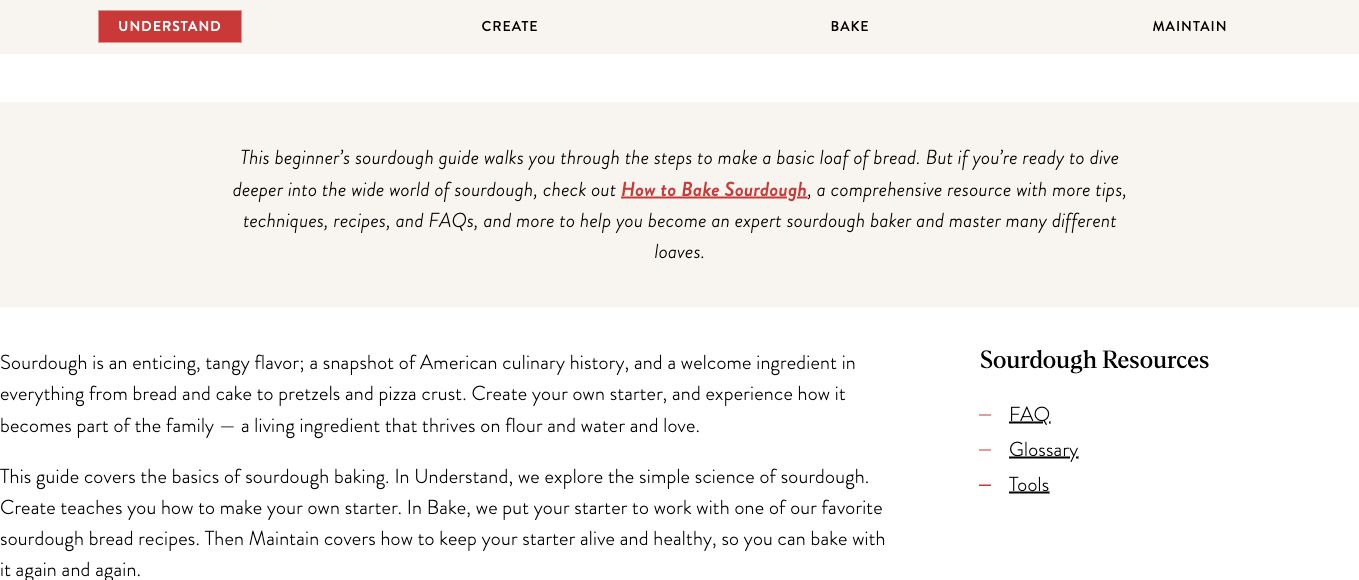 King Arthur Baking sourdough guide with chapter navigation and supporting resource links