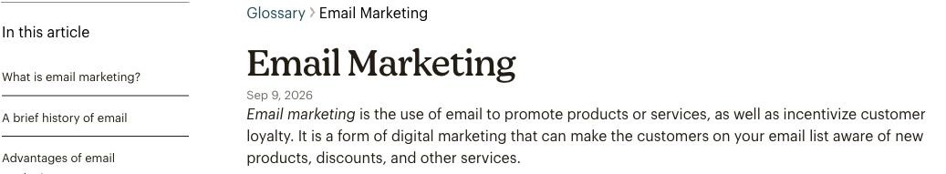 Mailchimp email marketing resource with a definition and section navigation