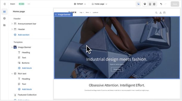 Shopify online store guide illustration showing the Dawn theme editor