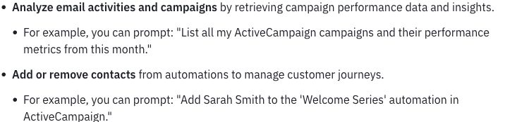 ActiveCampaign MCP documentation distinguishing campaign analysis from contact actions
