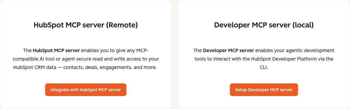 HubSpot cards separating its remote CRM MCP server from the local developer server