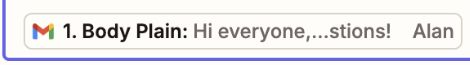 A Zapier field token maps the Gmail Body Plain output into a later step