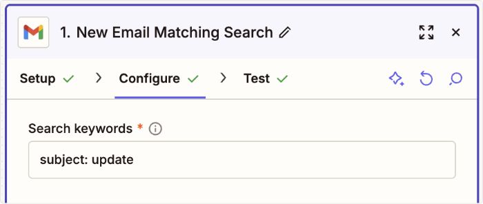 Zapier's Gmail trigger shows the Search keywords configuration field