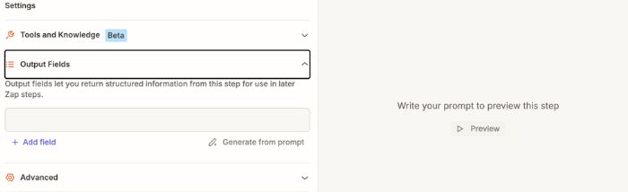 AI by Zapier's output-field controls include Add field and Preview