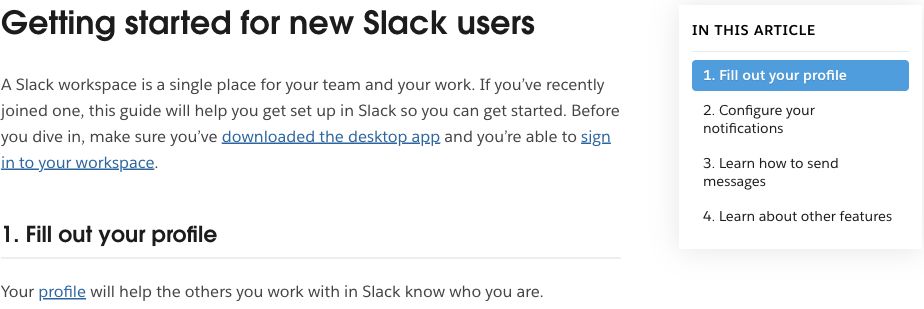 Slack's new-user guide lists profile setup, notifications, messaging, and additional features