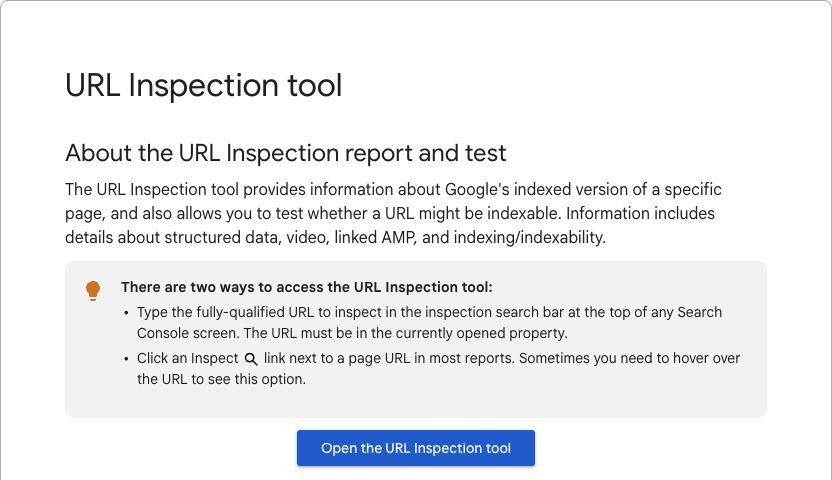 Google URL Inspection help showing the tool's purpose and the difference between indexed information and a live test