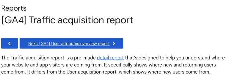 Google Analytics Help introducing the Traffic acquisition report for new and returning visitors