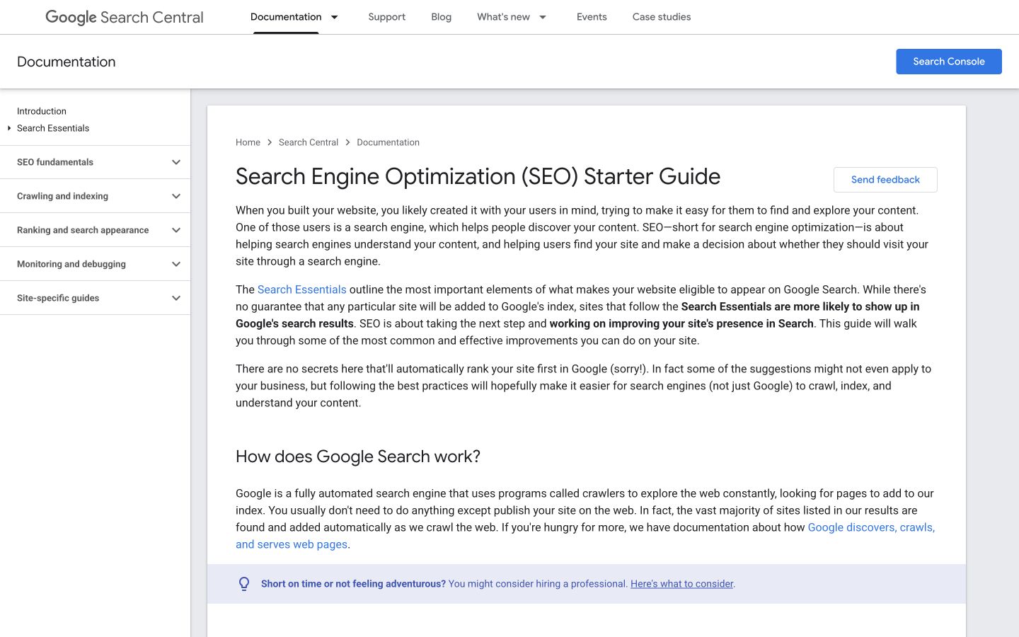 Google’s SEO Starter Guide introduces search fundamentals within a wider documentation library