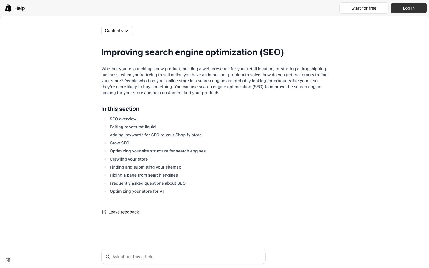 Shopify’s SEO help section lists focused resources for keywords, structure, crawling, sitemaps, and search visibility
