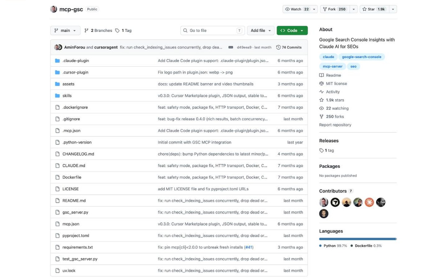 The mcp-gsc repository on GitHub, described as Google Search Console insights with Claude AI for SEOs