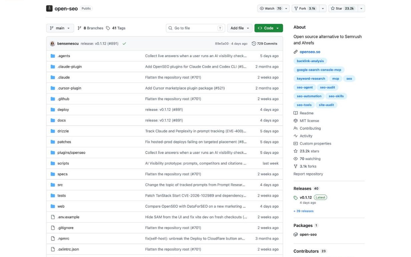 The open-source OpenSEO repository on GitHub, an alternative to Semrush and Ahrefs