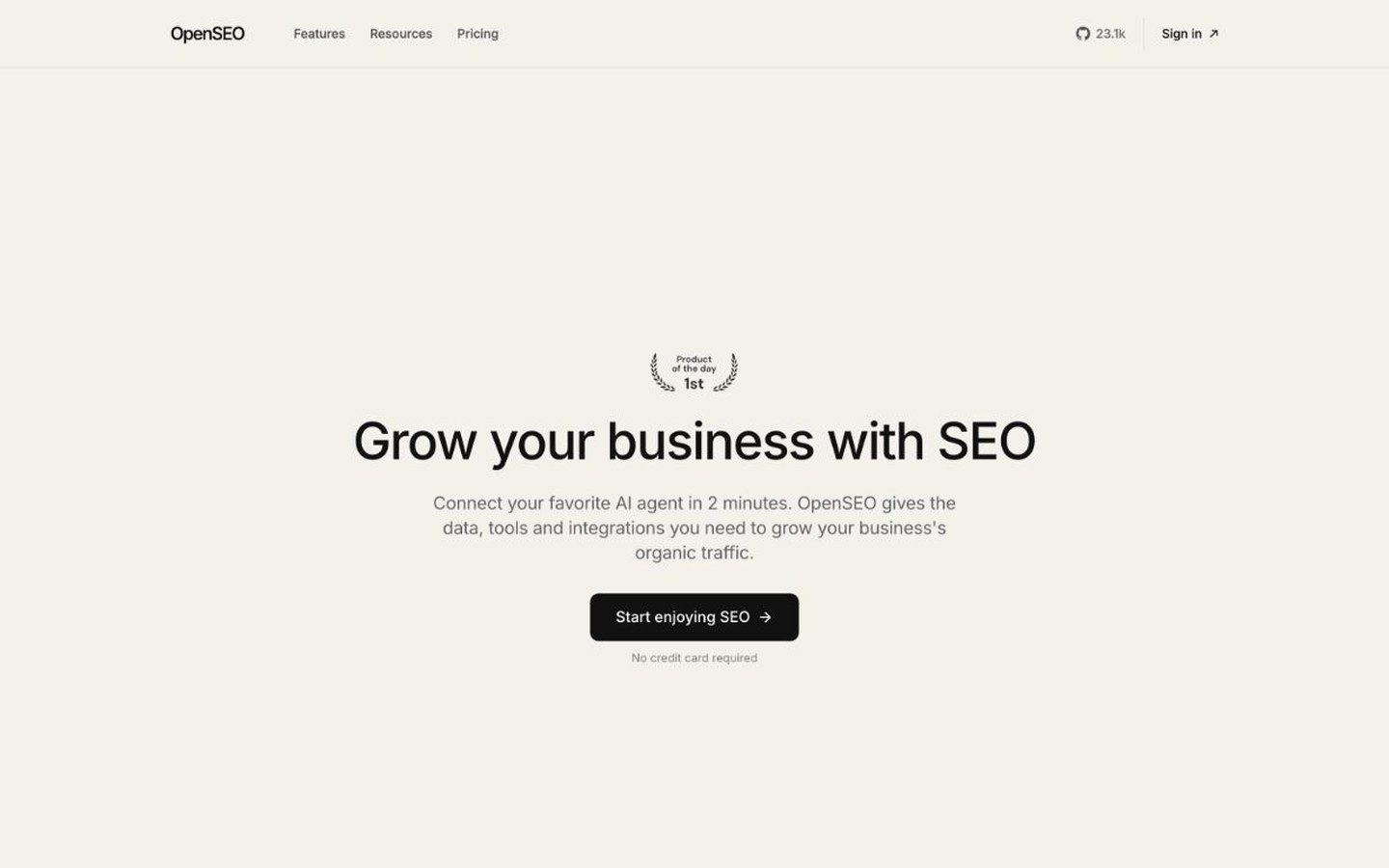 OpenSEO homepage: grow your business with SEO, connect your favorite AI agent in 2 minutes
