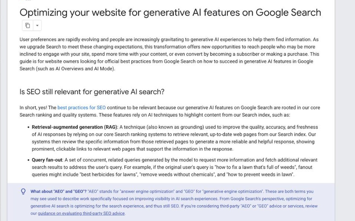 Google's guide to generative AI features, with a note on what AEO and GEO mean