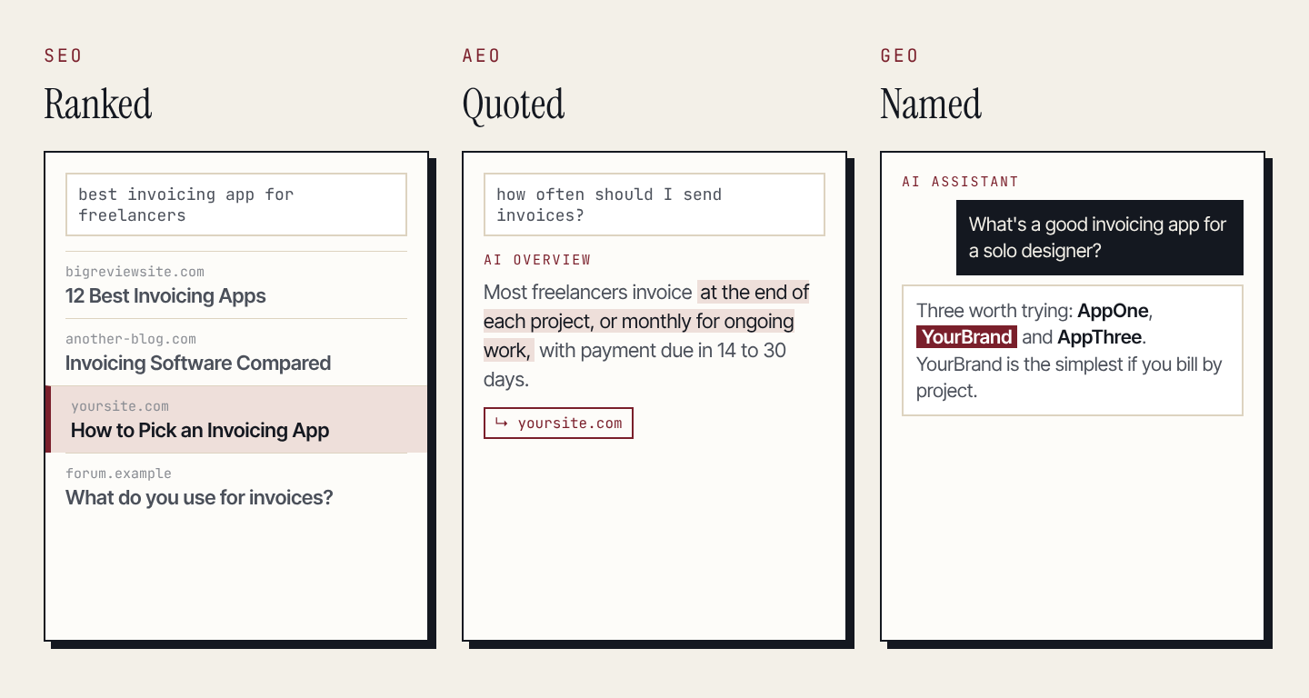 Three mock screens: a search result ranking yoursite.com, an AI overview quoting it, and an AI assistant naming YourBrand