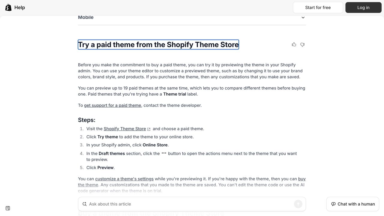 Shopify’s paid-theme preview guidance on a desktop page
