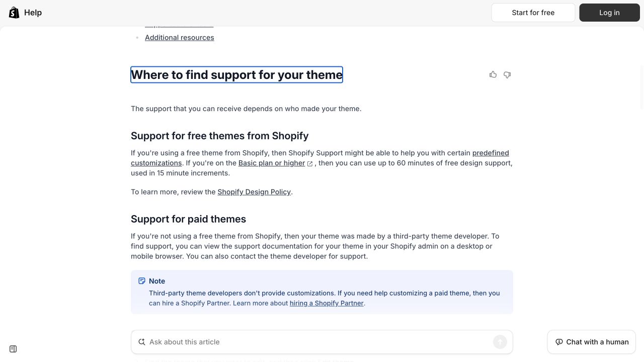 Shopify’s support guidance distinguishing theme support responsibilities