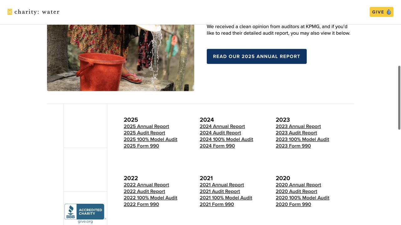 charity water desktop financials page with dated annual-report, audit and filing links