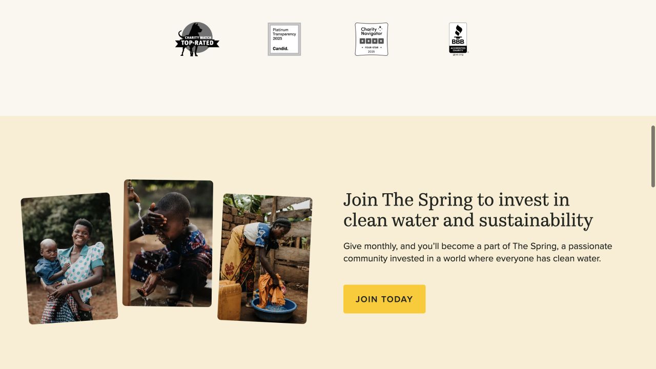 charity water desktop giving page with a specific monthly-giving explanation and next action
