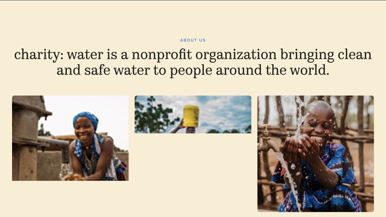 charity water desktop about page introducing its clean-water mission