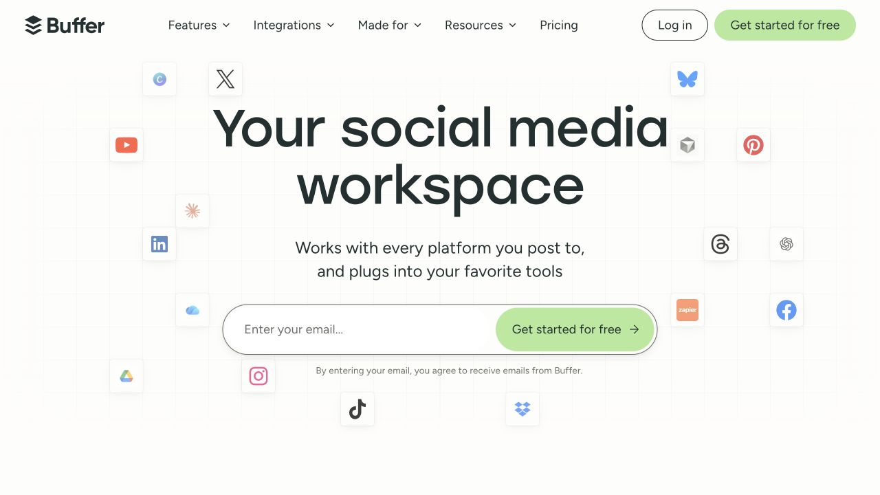 Buffer desktop homepage showing a social media workspace headline, platform icons, and an email signup form