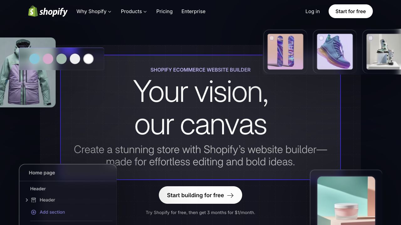 Shopify desktop website builder page with a category label, creative headline, explanatory sentence, and building action