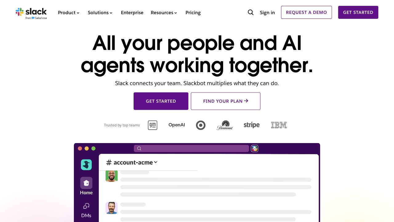 Slack desktop homepage showing a product introduction, get-started and plan-selection buttons, and a demo option in the navigation