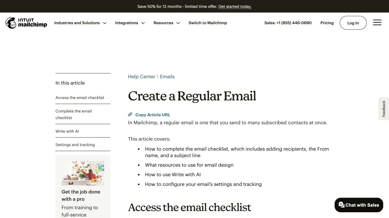 Mailchimp’s regular email documentation with the task definition and article outline