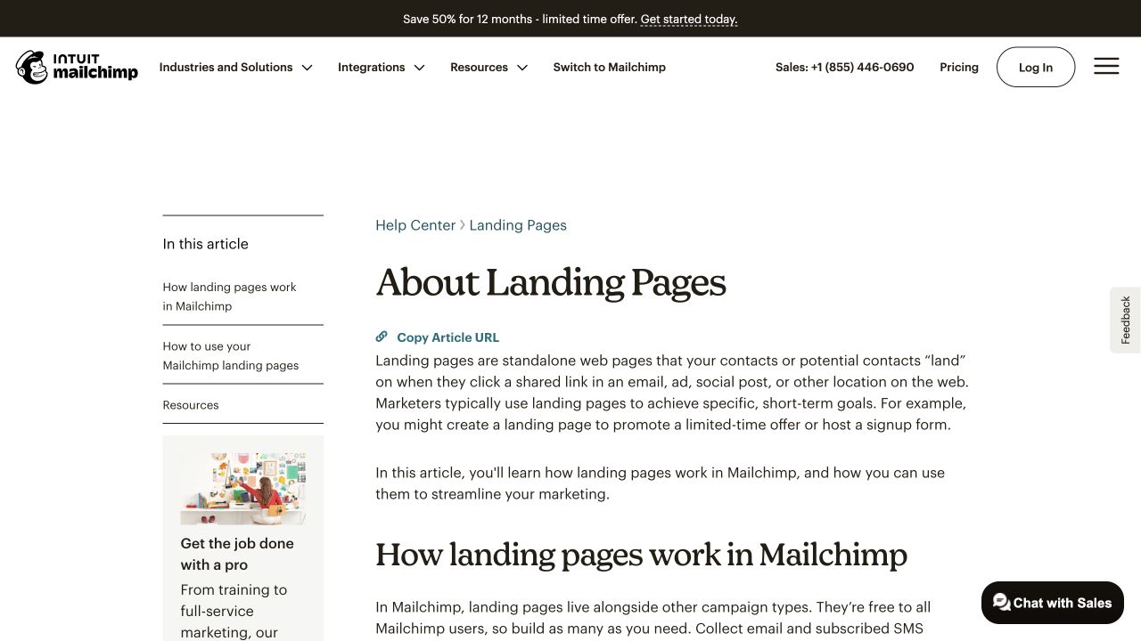 Mailchimp’s landing page documentation defining a standalone web page