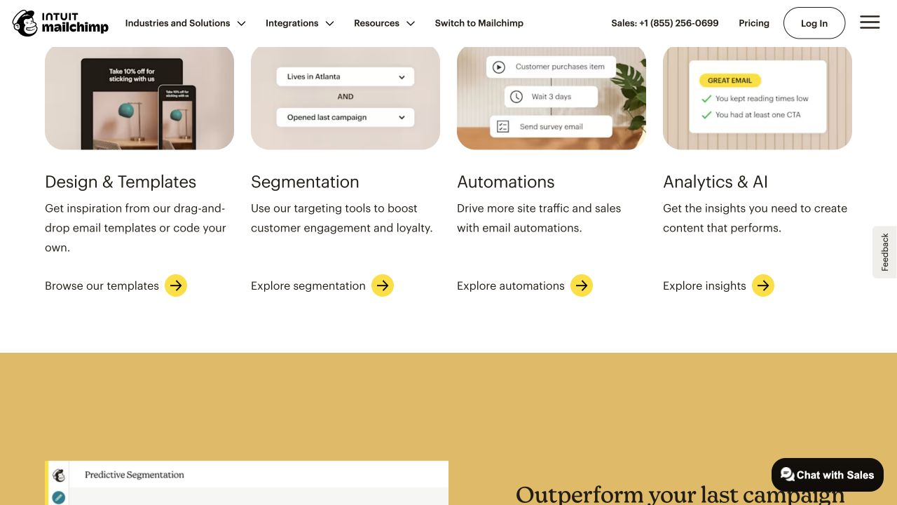 Mailchimp’s desktop email feature overview with four capability cards and links