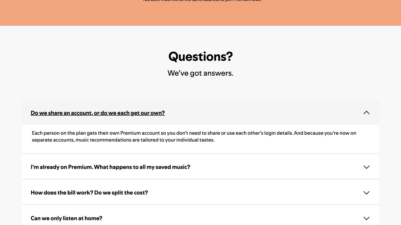 Spotify’s dedicated Duo-plan FAQ with one answer expanded