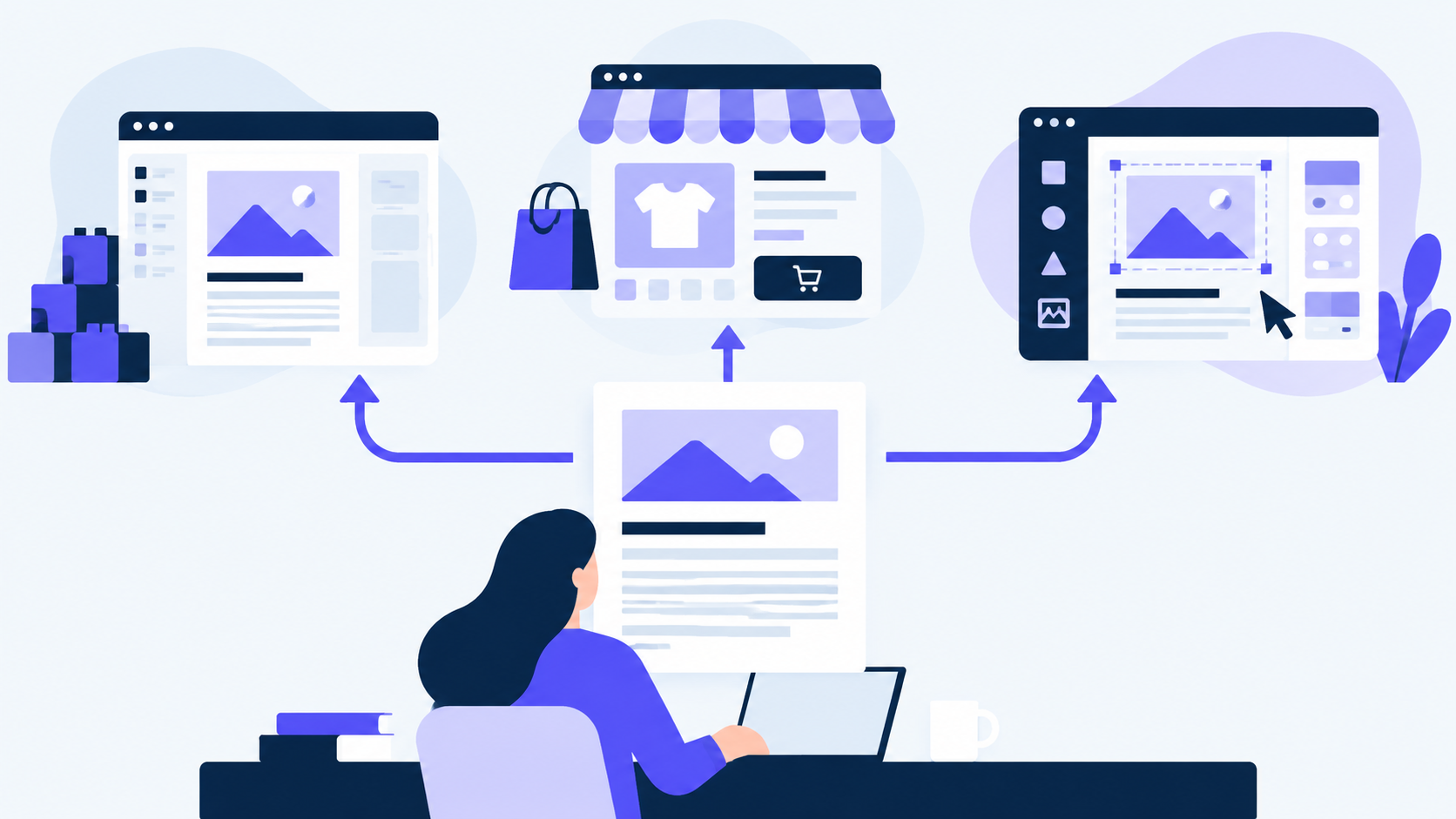 One article package being published into an open CMS, a commerce storefront, and a visual site builder