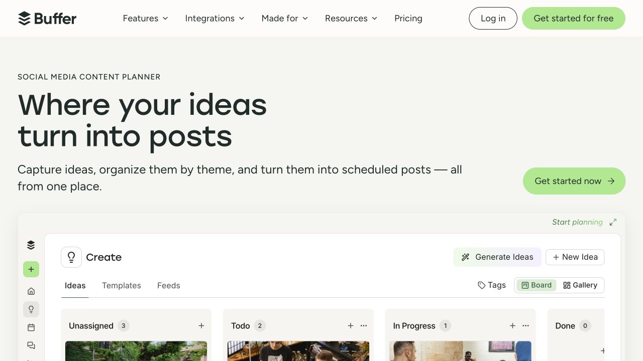 Buffer content-planner page explaining ideas-to-posts work