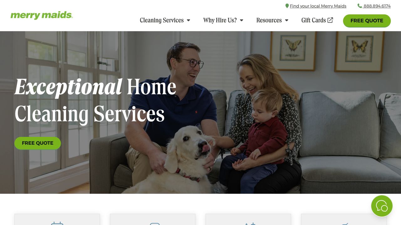 Merry Maids desktop homepage with cleaning offer and quote action