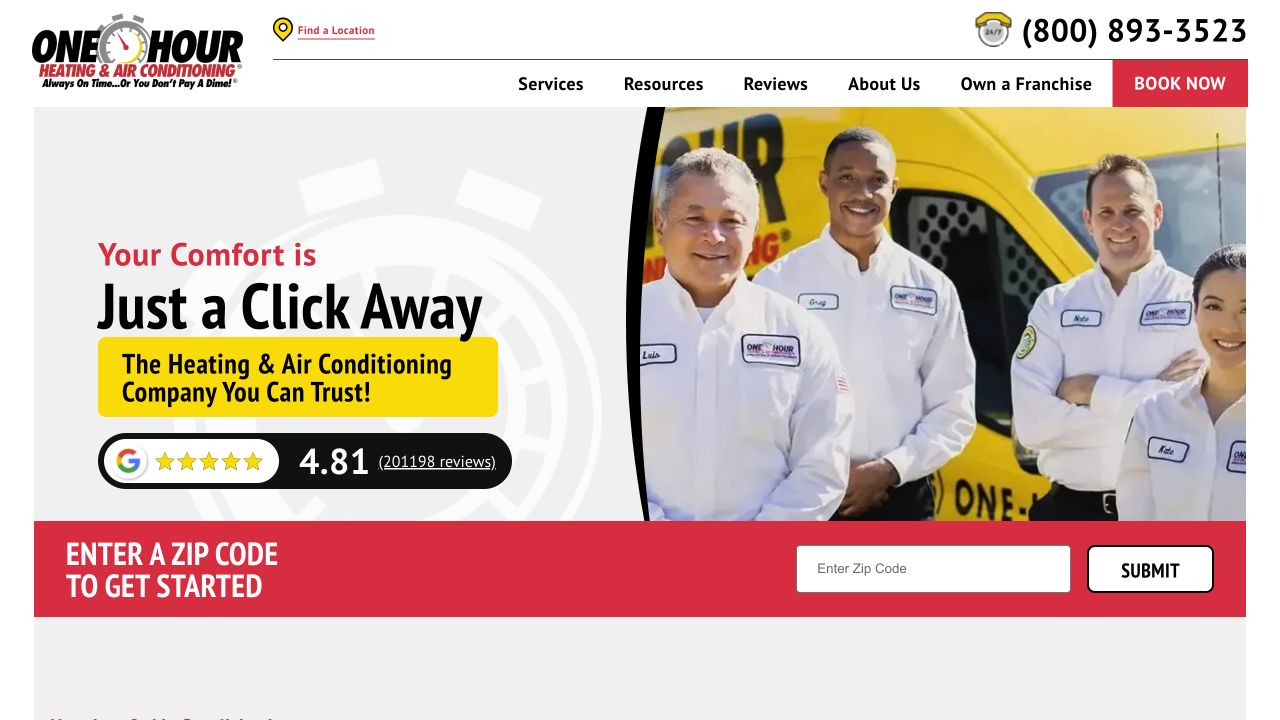 One Hour’s desktop homepage with service identification, phone, and ZIP-code entry