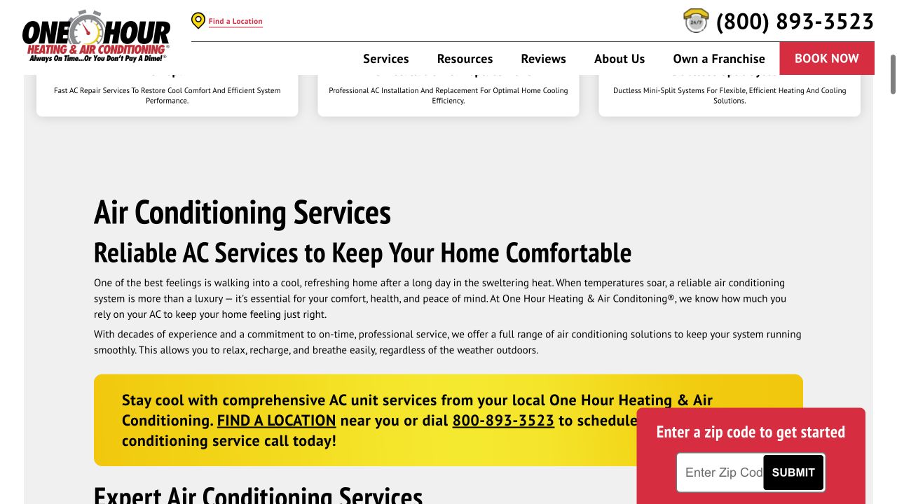 One Hour’s air-conditioning service description and contact routes