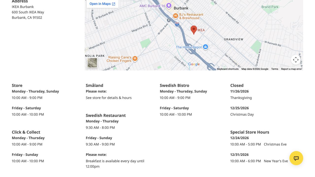 IKEA Burbank desktop page showing separate store, collection and restaurant hours with holiday exceptions
